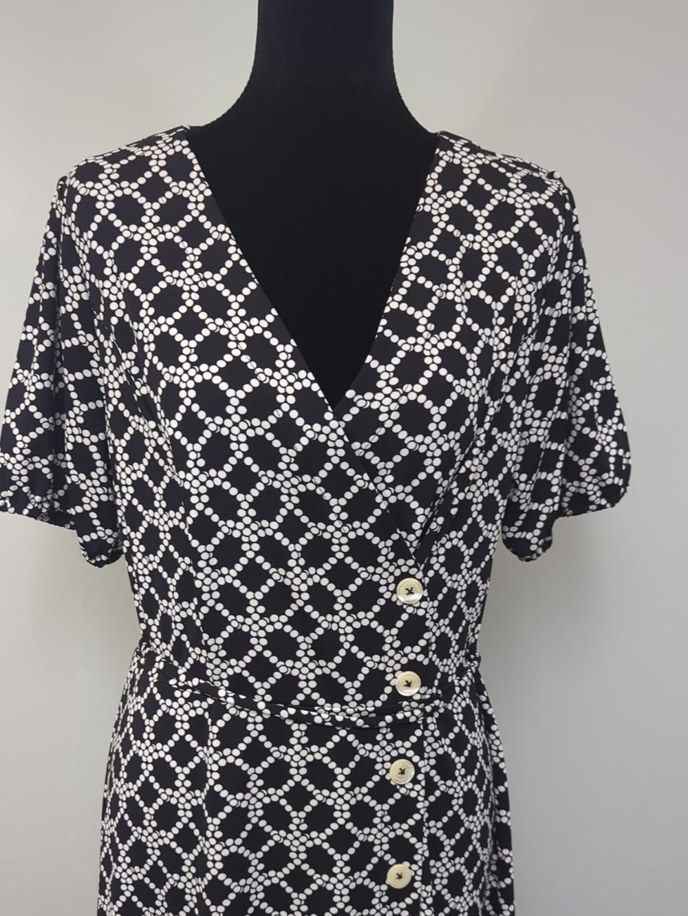 Talbots Black White Geometric Faux Wrap Midi Dress Size M